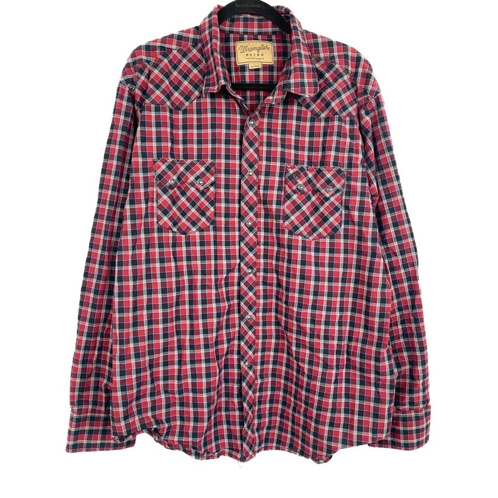 Wrangler Men Pearl Snap Shirt XXL Red Plaid Button Up Long Sleeve Cowboy Western